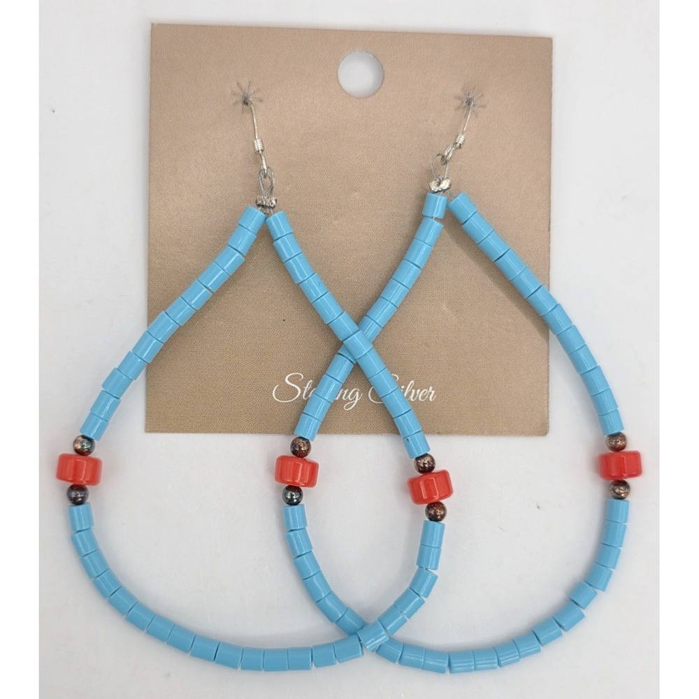Sleeping Beauty Turquoise Heishi Earrings Dangles Teardrops 3.5" Sterling Silv..